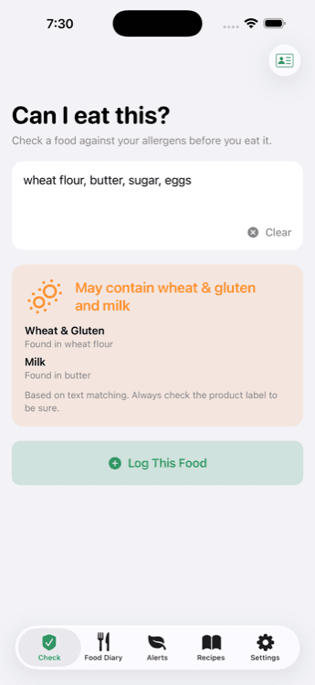 AllergyFlow Check screen showing an ingredient list flagged for wheat, gluten, and milk